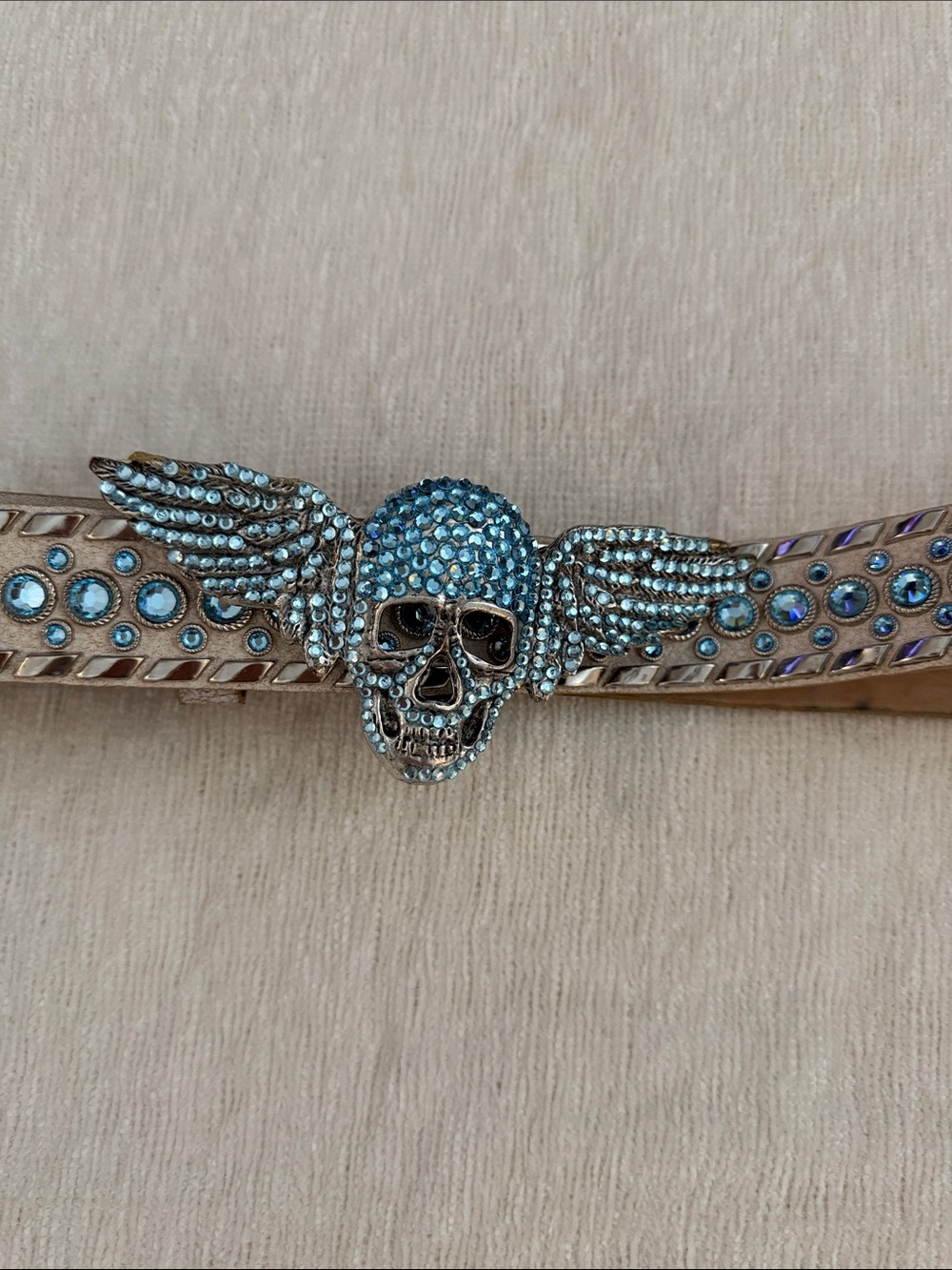 Winged Skull Rhinestone Belt in Blue - Statement Accessory